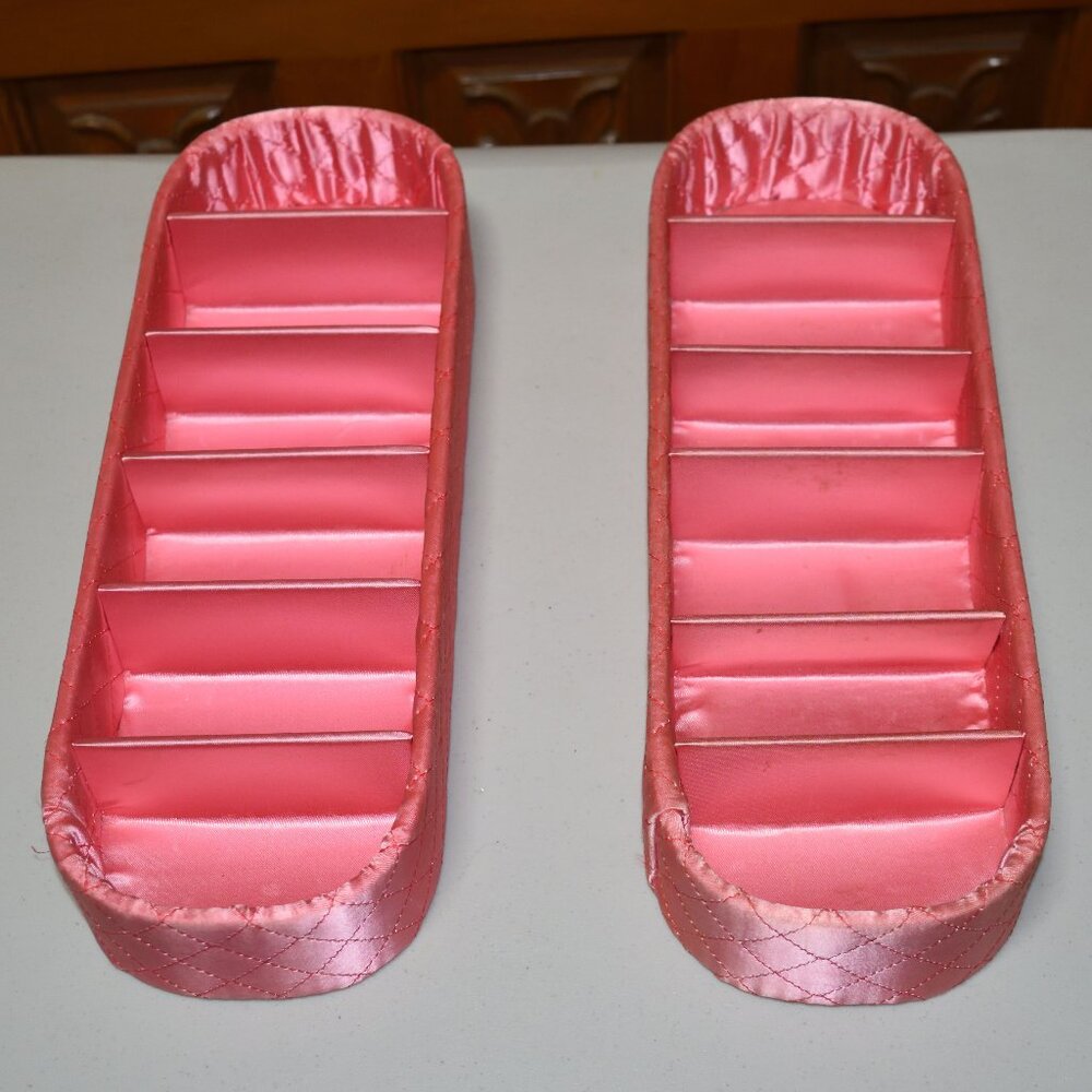 SOLD • Vtg Pair (2) Pink Quilted Satin Divided Vanity Boxes 13" MCM Jewelry